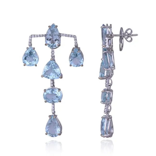 Aquamarine Gemstone Dangle Earrings - 18k White Gold Diamond Chandelier Earrings Main Image