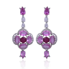 Ceylon Pink Sapphire & Ruby Gemstone Earrings - 18k White Gold & Rose Cut Diamond Dangle Earrings