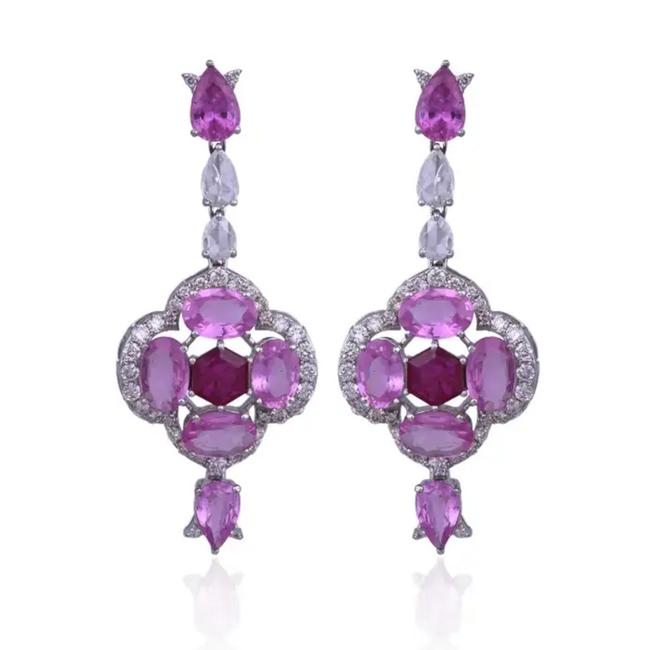 Ceylon Pink Sapphire & Ruby Gemstone Earrings - 18k White Gold & Rose Cut Diamond Dangle Earrings Hover Image