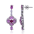 Ceylon Pink Sapphire & Ruby Gemstone Earrings - 18k White Gold & Rose Cut Diamond Dangle Earrings