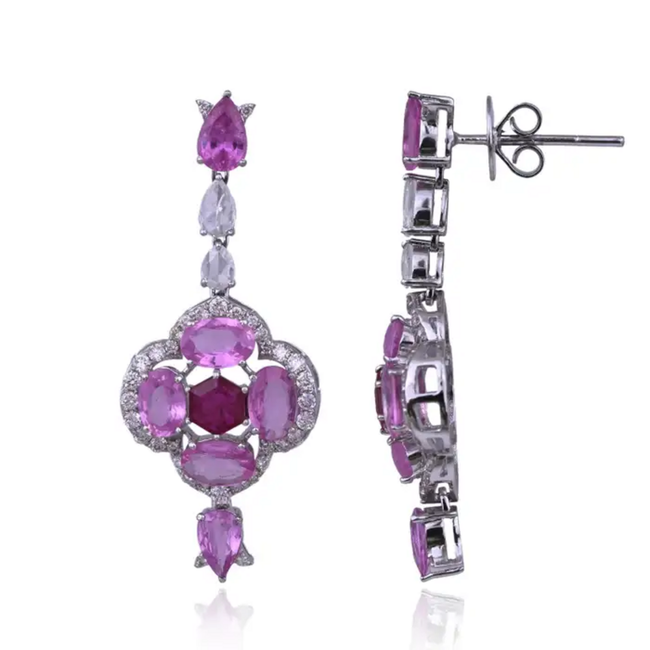 Ceylon Pink Sapphire & Ruby Gemstone Earrings - 18k White Gold & Rose Cut Diamond Dangle Earrings Main Image