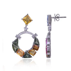 18k White Gold Diamond Earrings - Natural Ceylon Multi Sapphire Dangle Earrings