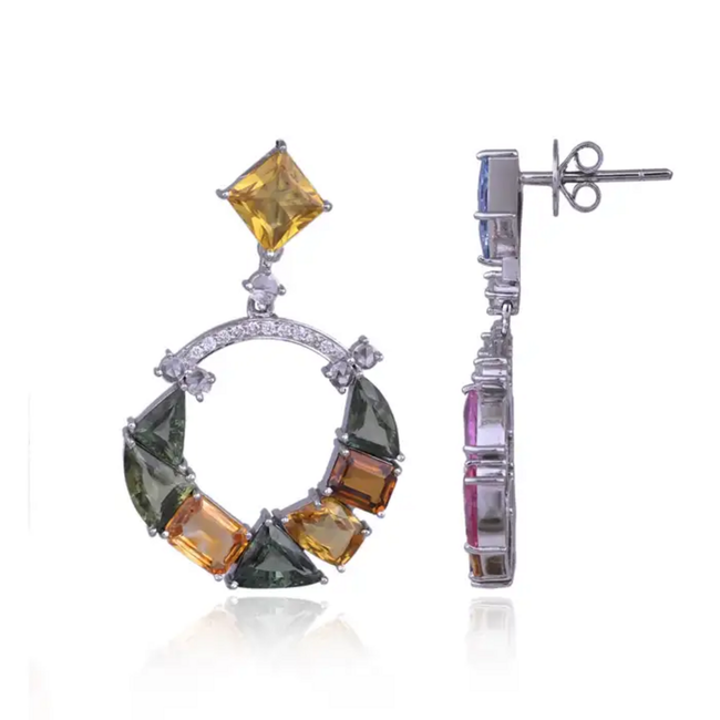 18k White Gold Diamond Earrings - Natural Ceylon Multi Sapphire Dangle Earrings Main Image