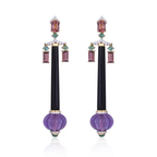 Natural Amethyst , Tourmaline & Black Onyx Dangle Earrings - 18k Yellow Gold Diamond Earrings