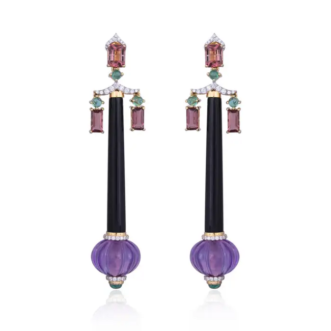 Natural Amethyst , Tourmaline & Black Onyx Dangle Earrings - 18k Yellow Gold Diamond Earrings Hover Image