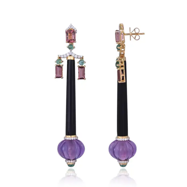 Natural Amethyst , Tourmaline & Black Onyx Dangle Earrings - 18k Yellow Gold Diamond Earrings Main Image