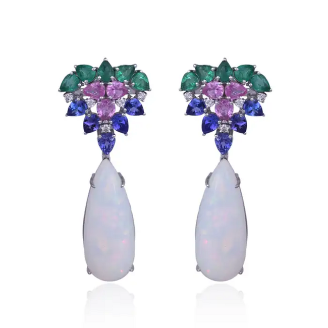 18k White Gold Diamond Dangle Earrings - Natural Zambian Emerald, Ethiopian Opal, Tanzanite & Pink Sapphire Earrings Hover Image