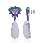 18k White Gold Diamond Dangle Earrings - Natural Zambian Emerald, Ethiopian Opal, Tanzanite & Pink Sapphire Earrings