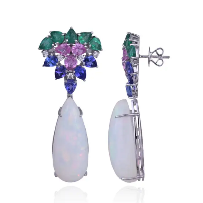 18k White Gold Diamond Dangle Earrings - Natural Zambian Emerald, Ethiopian Opal, Tanzanite & Pink Sapphire Earrings Main Image