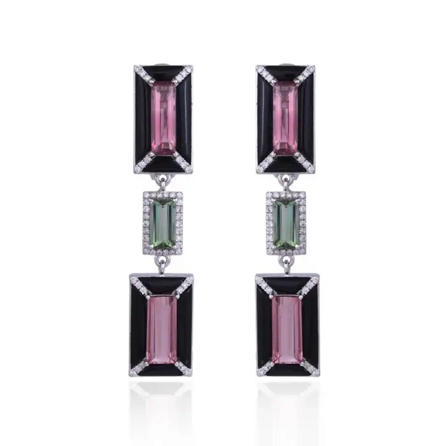 18k White Gold Diamond Dangle Earrings - Natural Tourmaline & Black Onyx Dangle Earrings Hover Image
