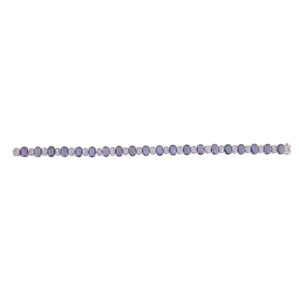 Natural Blue Sapphire & Rose Cut Diamond Bracelet - 18k White Gold Handmade Tennis Bracelet
