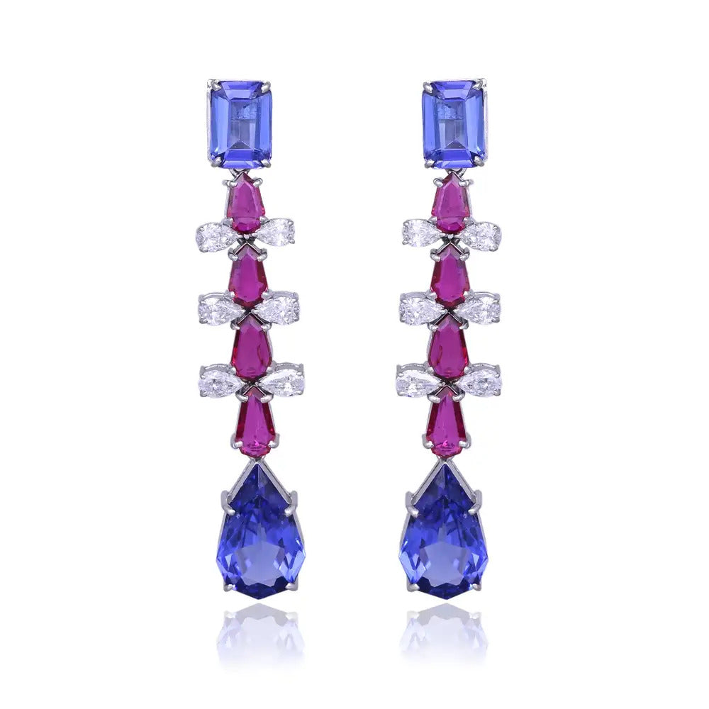 Mozambique Ruby & Tanzanite Dangle Earrings - 18k White Gold Diamond Handmade Earrings