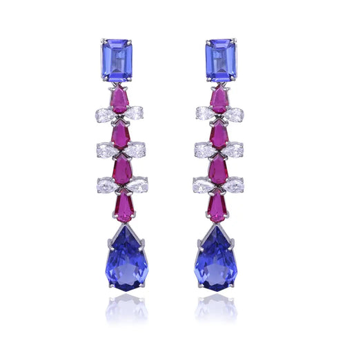 Mozambique Ruby & Tanzanite Dangle Earrings - 18k White Gold Diamond Handmade Earrings