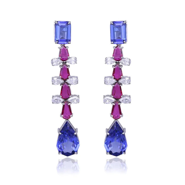 Mozambique Ruby & Tanzanite Dangle Earrings - 18k White Gold Diamond Handmade Earrings Hover Image