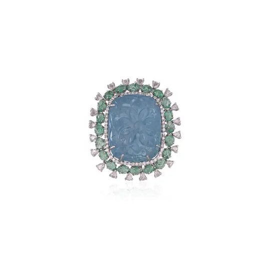 18K Gold, 63.97 carat carved Aquamarine, Emeralds & Diamond Cocktail Ring