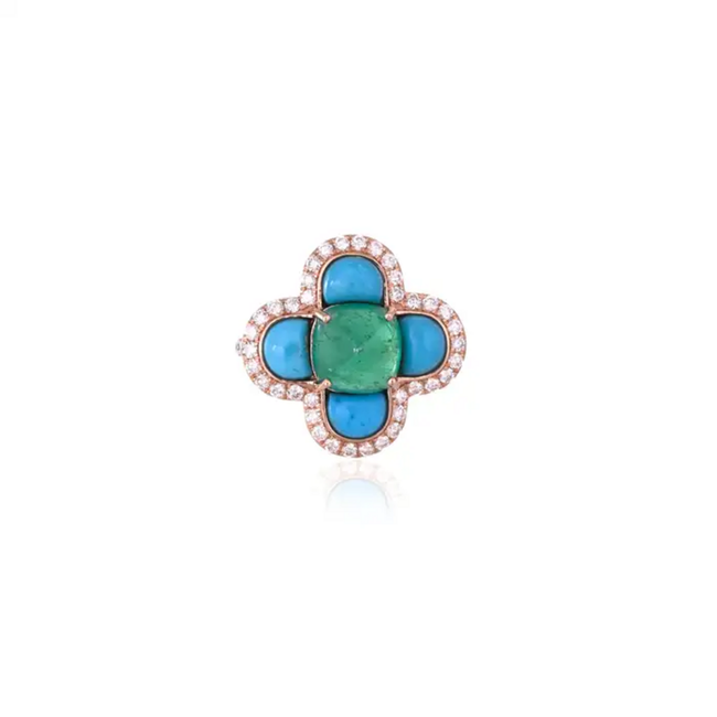18k Rose Gold Diamond Handmade Ring With Natural Zambian Emerald & Turquoise Hover Image