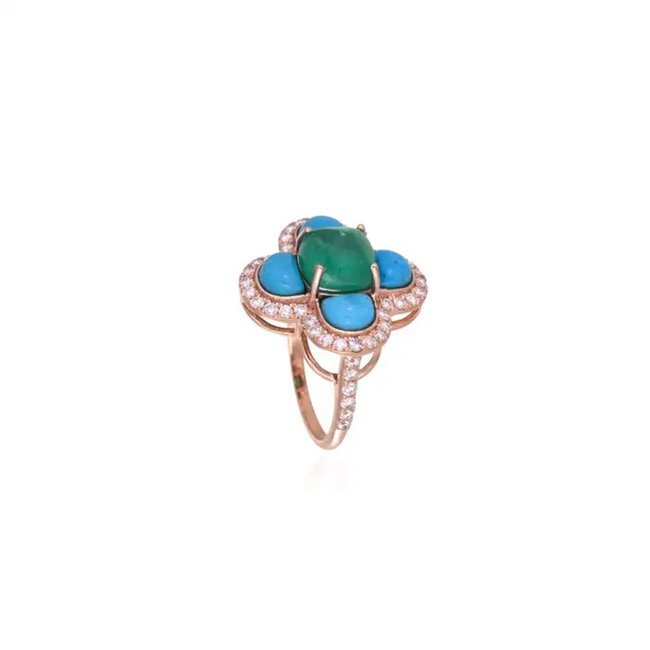 18k Rose Gold Diamond Handmade Ring With Natural Zambian Emerald & Turquoise Main Image
