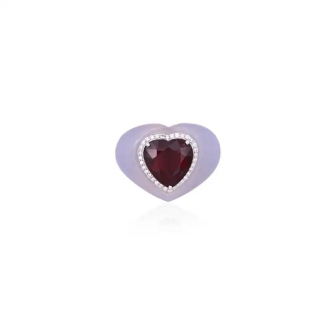 4.93 Heart Shape Rubellite & Chalcedony Anniversary Ring - 18k White Gold Diamond Cocktail Ring Hover Image