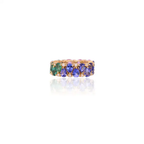 Natural Pink Sapphire, Zambian Emerald & Tanzanite Band Ring - 18k Yellow Gold Diamond Wedding Ring
