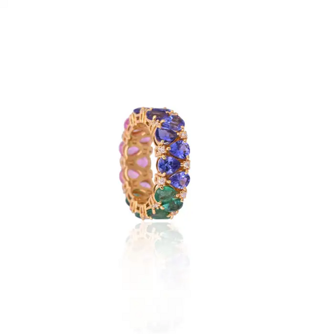 Natural Pink Sapphire, Zambian Emerald & Tanzanite Band Ring - 18k Yellow Gold Diamond Wedding Ring Hover Image