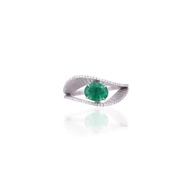 18k White Gold Diamond & Zambian Emerald Engagement Ring Hover Image