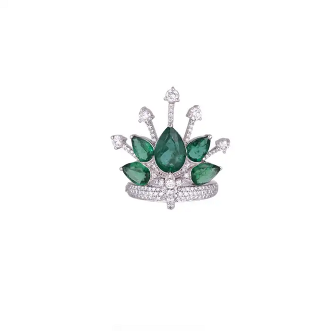 18k White Gold Diamond Crown Ring - Natural 3.80 Ct Zambian Emerald Wedding Ring Hover Image