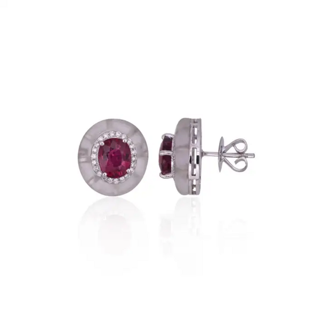18k White Gold Diamond Stud Earrings - Natural Rubellite & Rock Crystal Earrings Hover Image