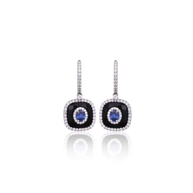 Natural Blue Sapphire & Black Onyx Earrings - 18k White Gold Diamond Earrings Hover Image