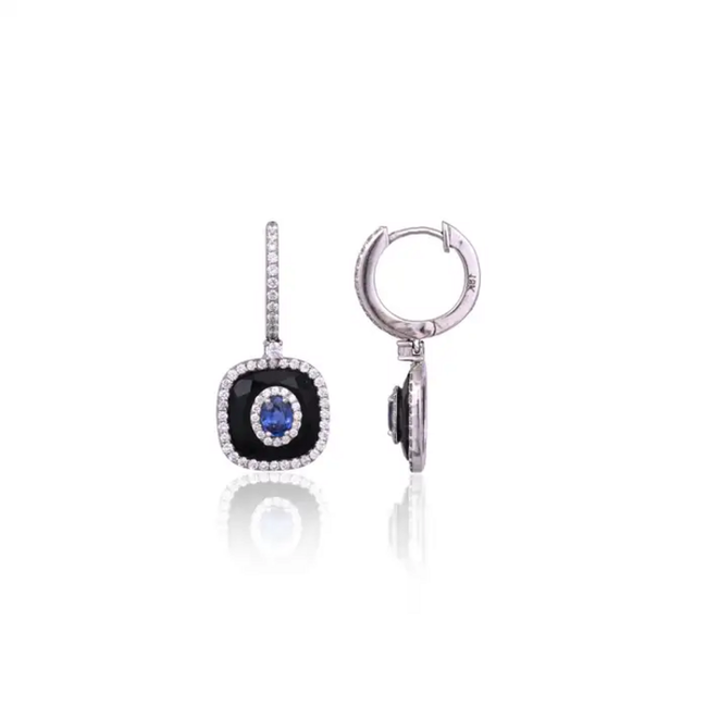 Natural Blue Sapphire & Black Onyx Earrings - 18k White Gold Diamond Earrings Main Image