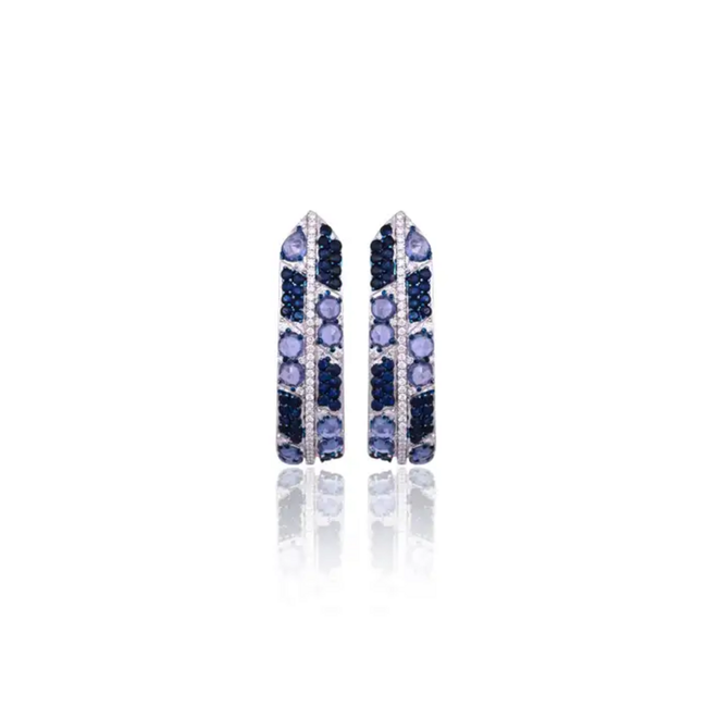 18k White Gold Diamond Hoop Earrings - Natural 5.69 Ct. Blue Sapphire Earrings Hover Image