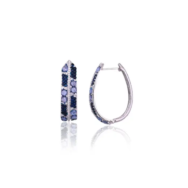 18k White Gold Diamond Hoop Earrings - Natural 5.69 Ct. Blue Sapphire Earrings Main Image