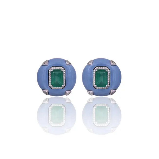 Natural Zambian Emerald & Blue Opal Stud Earrings - 18k White Gold Diamond Earrings Hover Image