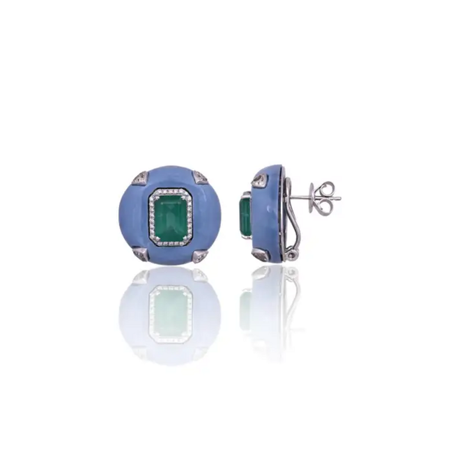 Natural Zambian Emerald & Blue Opal Stud Earrings - 18k White Gold Diamond Earrings Main Image