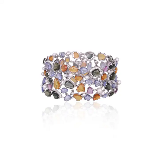 Natural Multi Sapphire & Pearls Link Bracelet - 18k White Gold Diamond Bracelet Hover Image