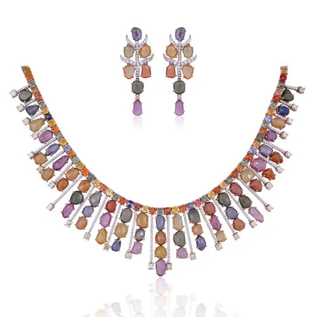 18k Rose Gold Necklace Earrings Set - Natural Multi Sapphire & Diamond Wedding Jewelry Hover Image