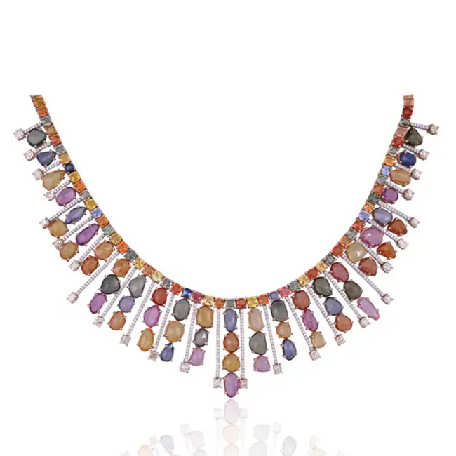 18k Rose Gold Necklace Earrings Set - Natural Multi Sapphire & Diamond Wedding Jewelry Main Image