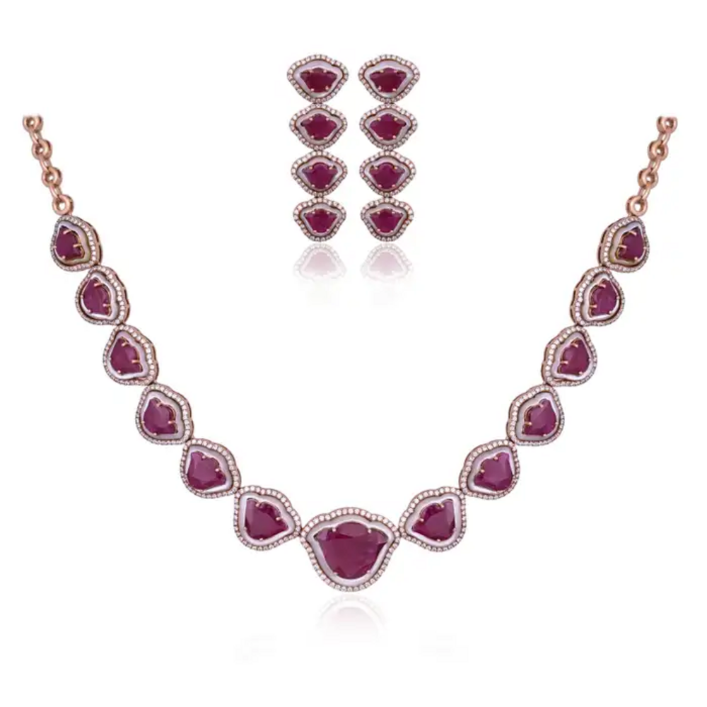 Tulip cut Mozambique Ruby & Mother Of Pearl Necklace Earrings Set - 18K Rose Gold Diamond Necklace Earrings