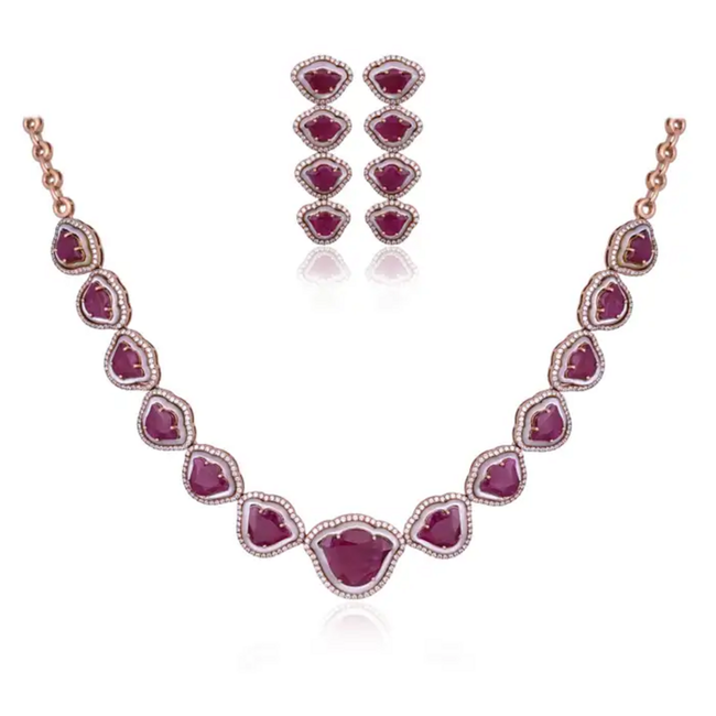 Tulip cut Mozambique Ruby & Mother Of Pearl Necklace Earrings Set - 18K Rose Gold Diamond Necklace Earrings Hover Image
