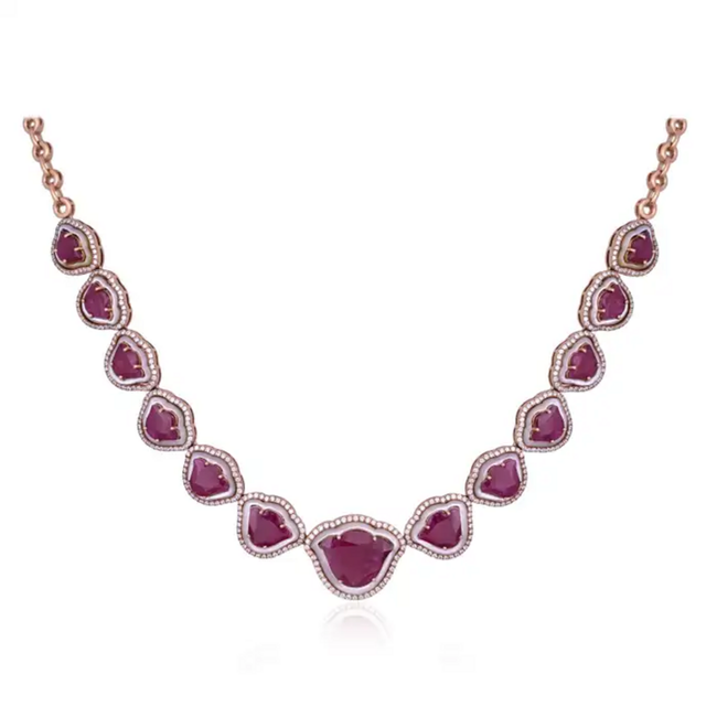 Tulip cut Mozambique Ruby & Mother Of Pearl Necklace Earrings Set - 18K Rose Gold Diamond Necklace Earrings Main Image