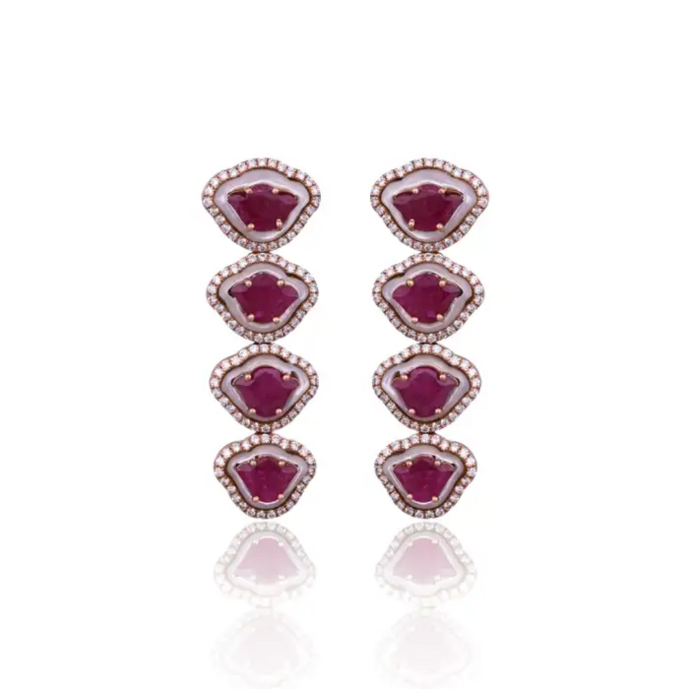 Tulip cut Mozambique Ruby & Mother Of Pearl Necklace Earrings Set - 18K Rose Gold Diamond Necklace Earrings