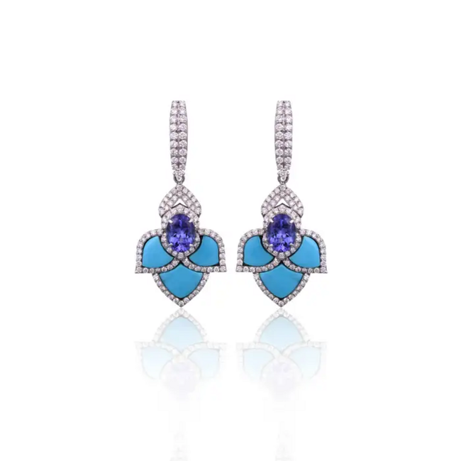 18k White Gold Turquoise & Tanzanite Dangle Earrings - Natural Diamond Earrings Hover Image