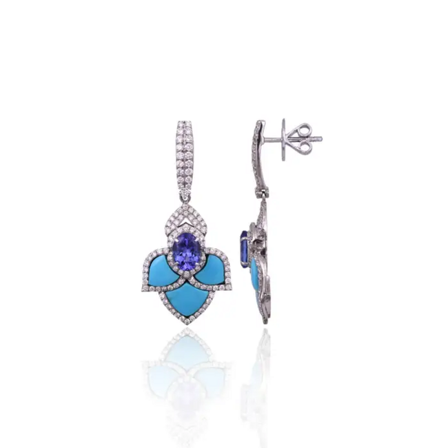 18k White Gold Turquoise & Tanzanite Dangle Earrings - Natural Diamond Earrings Main Image