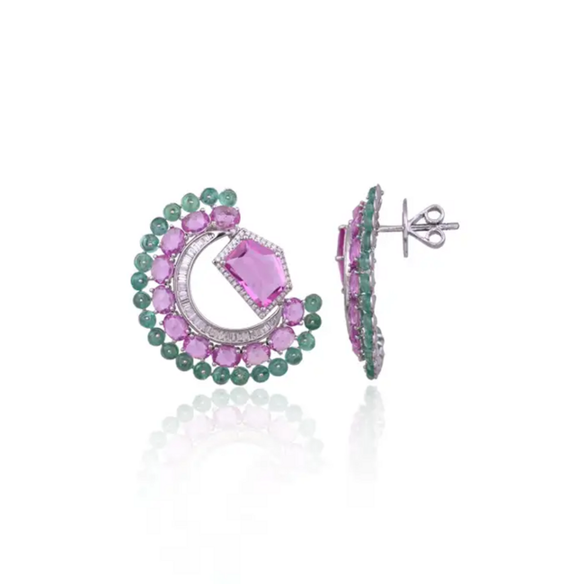 11.33 Ct. Pink Sapphire & Emerald Gemstone Stud Earrings - 18k White Gold Diamond Earrings Hover Image