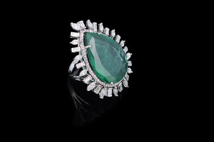 18k White Gold Diamond Ring - Natural Zambian Emerald Cocktail Ring