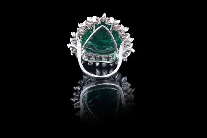 18k White Gold Diamond Ring - Natural Zambian Emerald Cocktail Ring