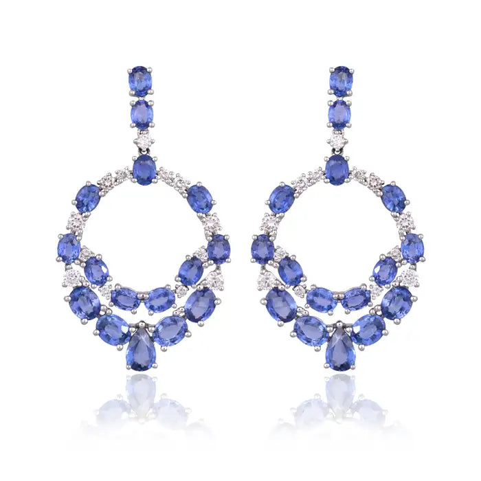 18k White Gold Diamond Handmade Earrings - Natural Blue Sapphire Dangle Earrings