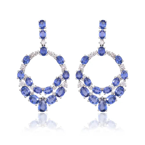 18k White Gold Diamond Handmade Earrings - Natural Blue Sapphire Dangle Earrings