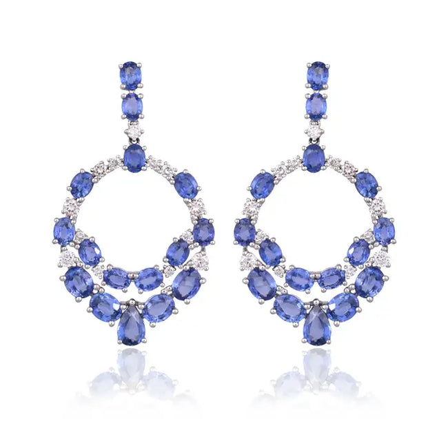 18k White Gold Diamond Handmade Earrings - Natural Blue Sapphire Dangle Earrings Hover Image