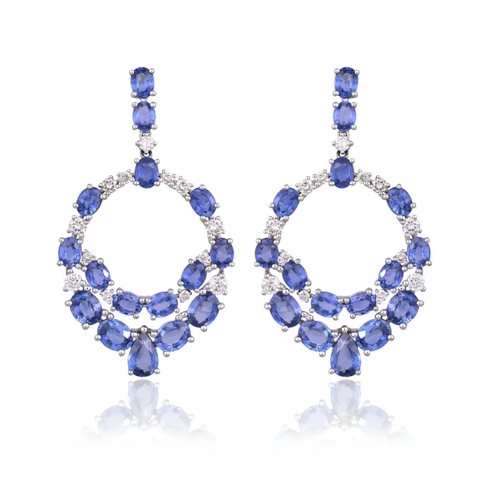 18k White Gold Diamond Dangle Earrings - Natural Blue Sapphire Gemstone Dangle Earrings