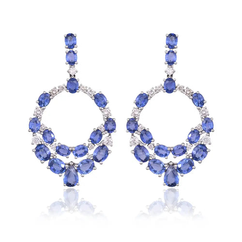 18k White Gold Diamond Dangle Earrings - Natural Blue Sapphire Gemstone Dangle Earrings